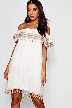 Boohoo Pom Pom Trim Bardot Embroidered Smock Dress