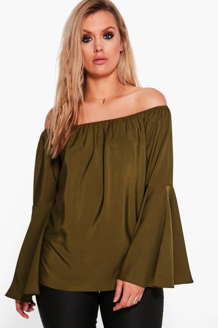 Boohoo Plus Eve Wide Sleeve Off The Shoulder Top Khaki