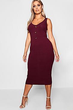 Boohoo Plus Button Ribbed Midi Dress
