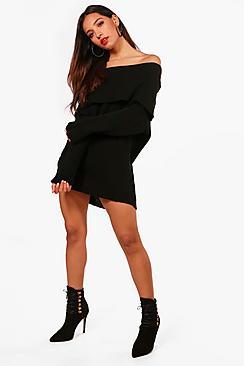 Boohoo Petite Amanda Reverse Knit Off Shoulder Jumper Dress