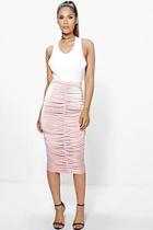 Boohoo Niara Rouched Front Velvet Midi Skirt