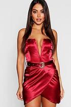 Boohoo Satin Belted Plunge Bodycon Dress