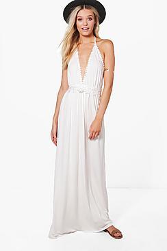 Boohoo Hollie Crochet Detail Halter Neck Maxi Dress