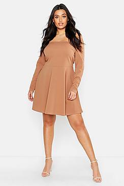 Boohoo Plus Long Sleeve Off The Shoulder Skater Dress