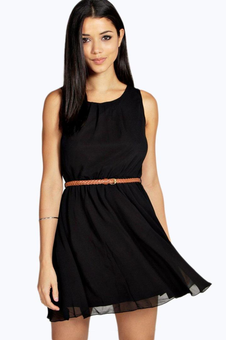 Boohoo Frankie Sleeveless Chiffon Belted Skater Dress Black