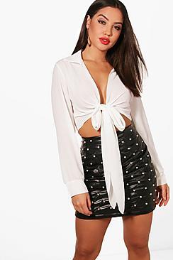 Boohoo Hannah Knot Front Woven Blouse