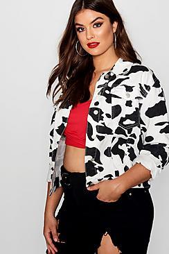 Boohoo Plus Lily Cow Print Cropped Denim Jacket