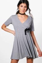 Boohoo Sally Eyelet Detail Wrap Dress Grey