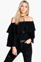 Boohoo Becca Woven Frill Sleeve Off The Shoulder Top Black