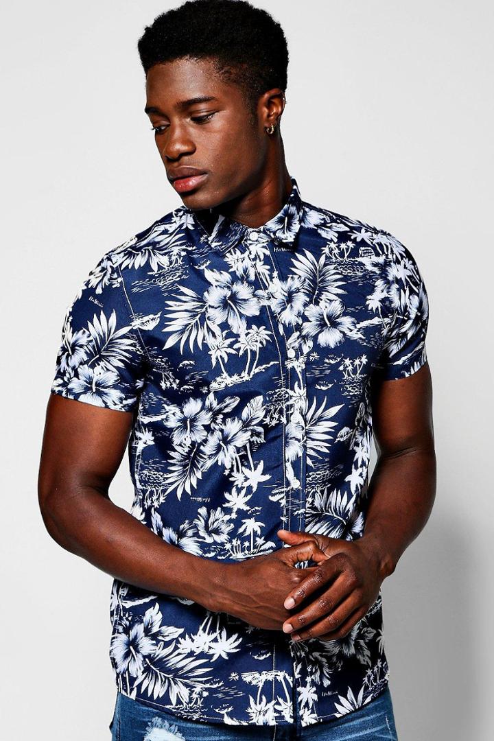 Boohoo Navy Hawaian Print Short Sleeve Shirt Navy