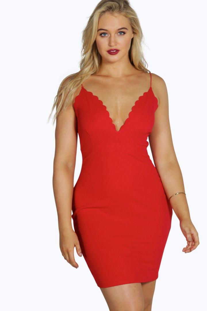 Boohoo Plus Aine Scallop Edge Midi Dress Red