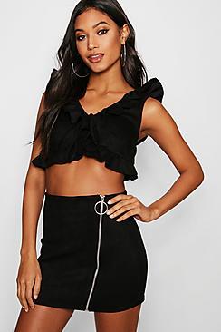 Boohoo Angela Ruffle Suede Zip Skirt Co-ord