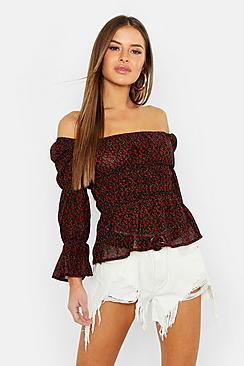 Boohoo Petite Rose Print Bardot Top