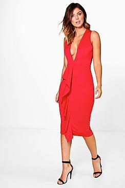 Boohoo Gracia Deep Plunge Ruffle Frill Midi Dress