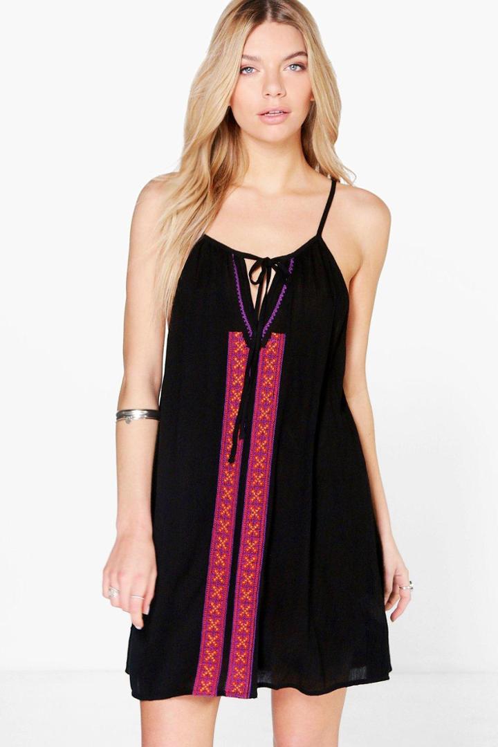 Boohoo Ilinca Embroidered Tassel Swing Dress Black