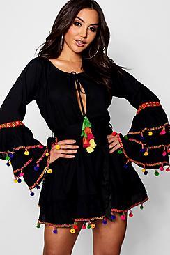 Boohoo Lorna Tassel Trim Flare Sleeve Beach Dress