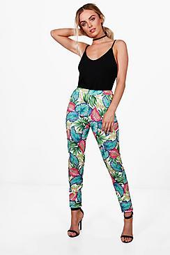 Boohoo Amy Palm Print Stretch Skinny Trousers