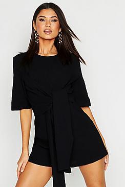 Boohoo Linen Twist Tie Playsuit