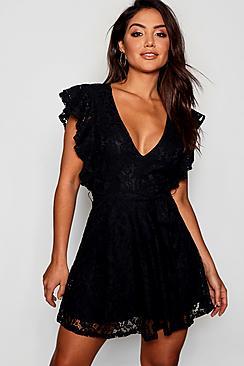 Boohoo Emma Lace Ruffle Sleeve Skater Dress