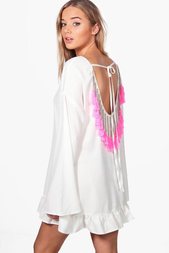 Boohoo Lacey Tassle Back Long Sleeved Shift Dress White