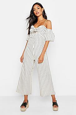 Boohoo Tonal Stripe Off The Shoulder Wide Leg Jumpsuit