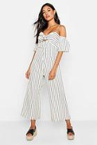 Boohoo Tonal Stripe Off The Shoulder Wide Leg Jumpsuit