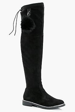 Boohoo Olivia Glitter Trim Pom Detail Over The Knee Boot