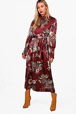 Boohoo High Neck Volume Sleeve Floral Midi Dress