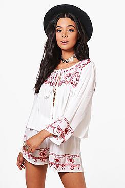 Boohoo Emma Embroidered Tie Top & Shorts Co-ord