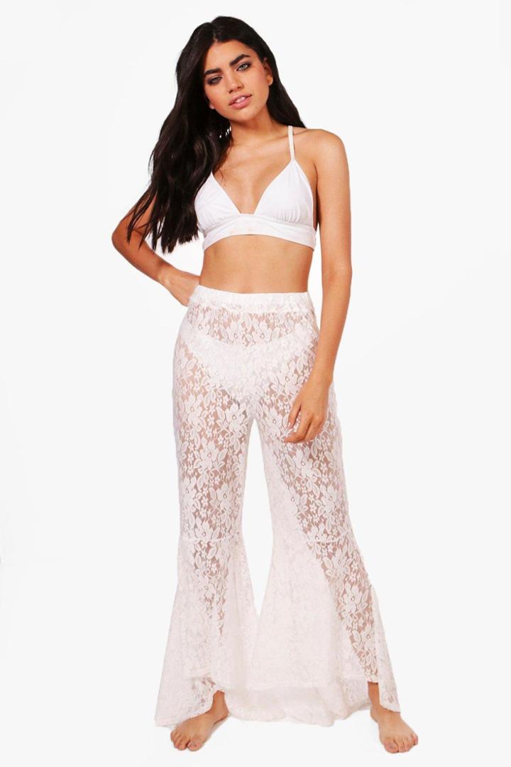 Boohoo Lara Lace Flare Frill Beach Trouser White