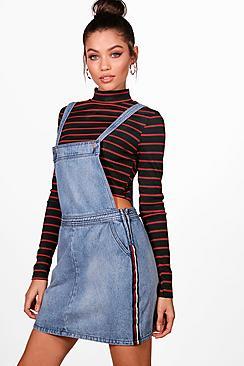 Boohoo Dylan Sports Stripe Denim Pinafore Dress