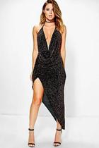 Boohoo Loren Metallic Deep Plunge Drape Midi Dress