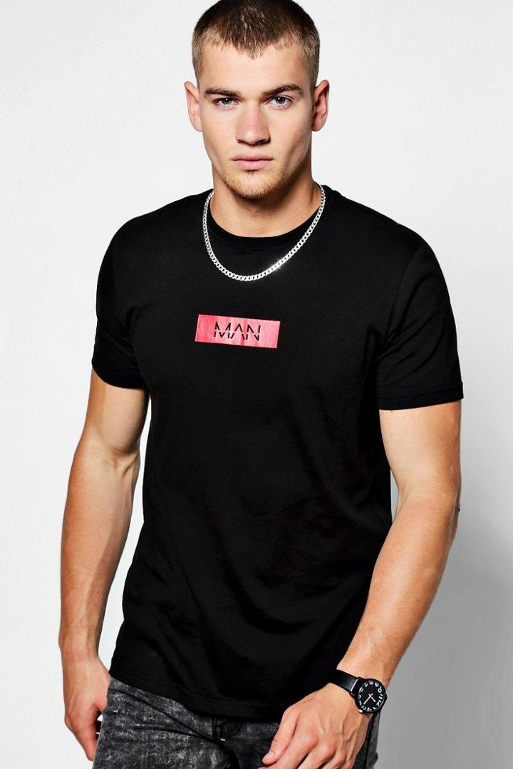 Boohoo Man Red Box Logo Print T-shirt Black