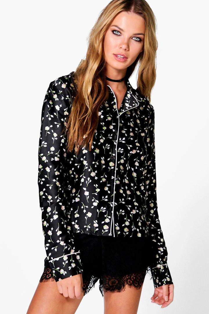 Boohoo Maria Floral Pyjama Shirt Black