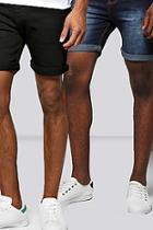 Boohoo 2 Pack Skinny Fit Denim Shorts In Mid Length