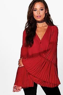 Boohoo Pleated Flare Sleeve Blouse
