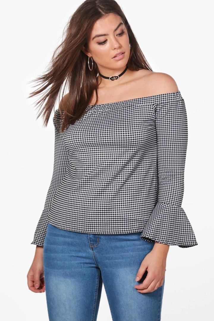 Boohoo Plus Nat Off The Shoulder Flare Sleeve Gingham Top Black