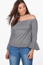 Boohoo Plus Nat Off The Shoulder Flare Sleeve Gingham Top Black