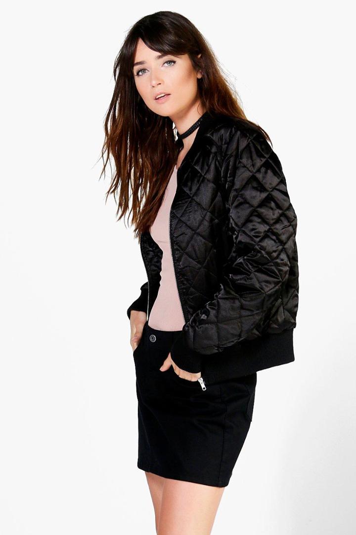 Boohoo Olivia Quilted Satin Bomber Black