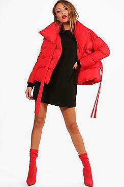 Boohoo Hanna Oversized Collar Padded Tie Front Coat