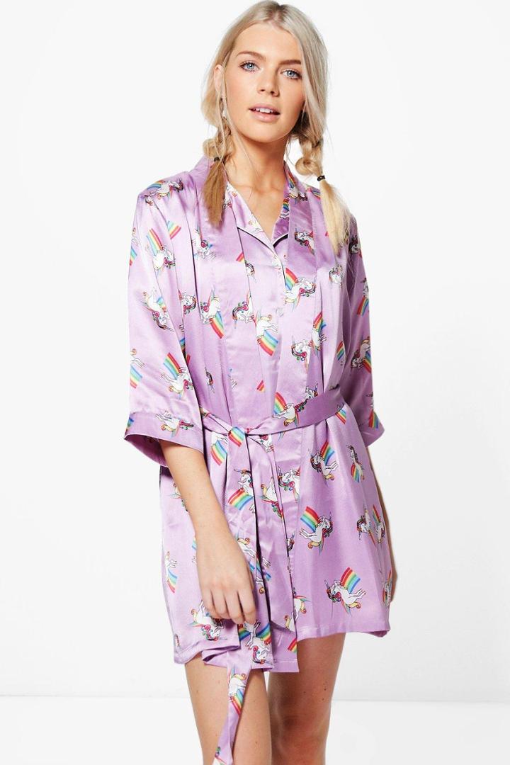 Boohoo Zoe Unicorn Satin Tie Waist Kimono Robe Purple