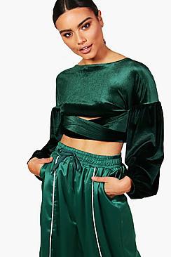 Boohoo Balloon Sleeve Cut Out Tie Back Crop