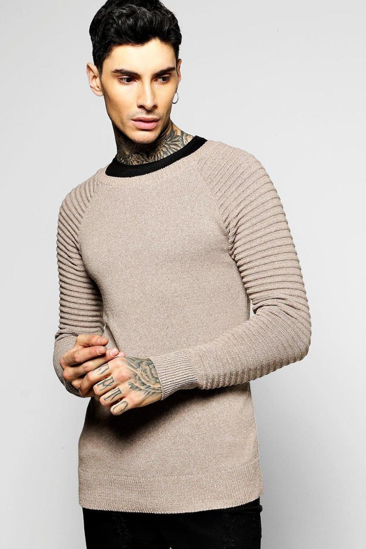 Boohoo Fine Gauge Crew Neck Jumper With Biker Detail Taupe