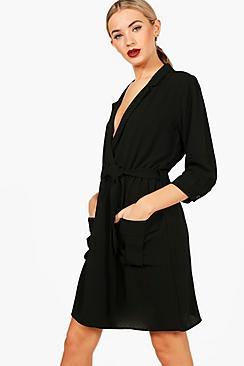 Boohoo Tie Waist Woven Mini Shirt Dress