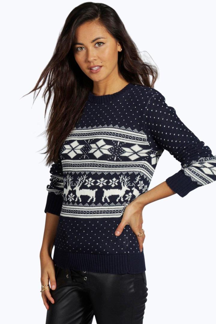 Boohoo Roxy Reindeer Fairisle Christmas Jumper Navy