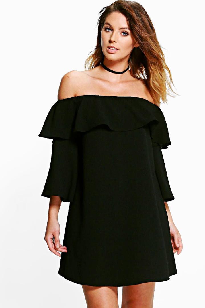 Boohoo Millie Ruffle Cold Shoulder Shift Dress Black