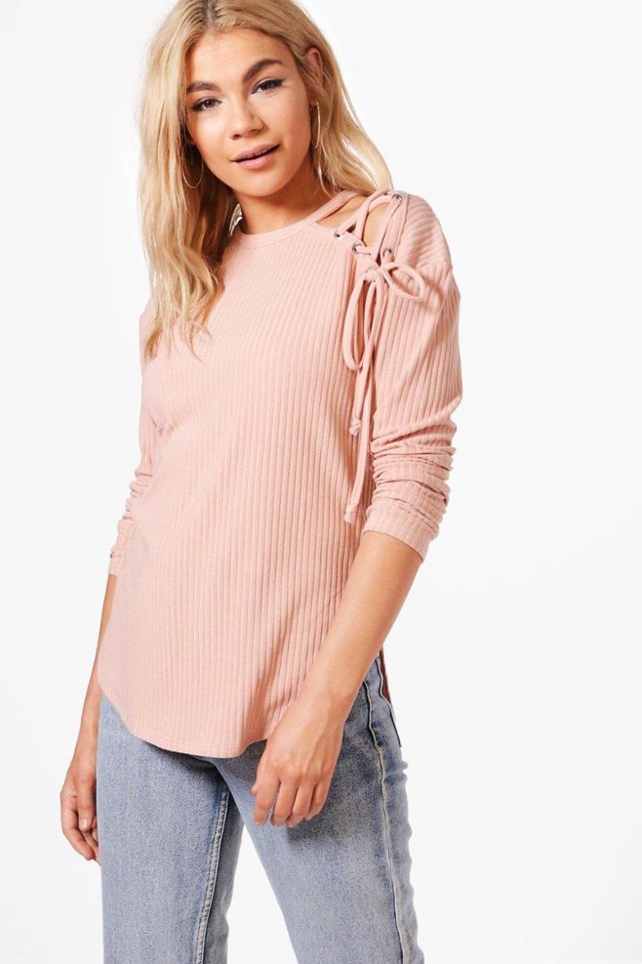 Boohoo Abigail Lace Up Shoulder Rib Knit Jumper Pink