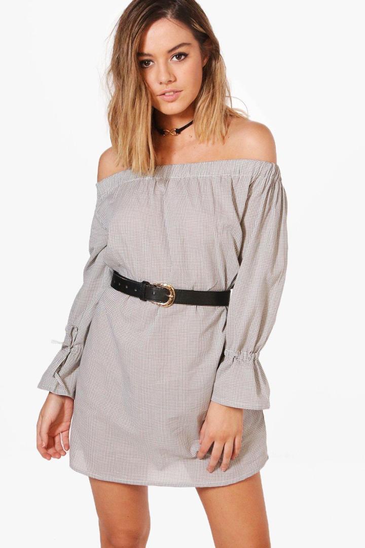 Boohoo Petite Georgie Gingham Off The Shoulder Shift Dress Grey
