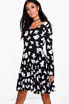 Boohoo Hillary Halloween Ghost Print Skater Dress