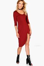 Boohoo Hayley Ribbed Wrap Bodycon Dress Wine